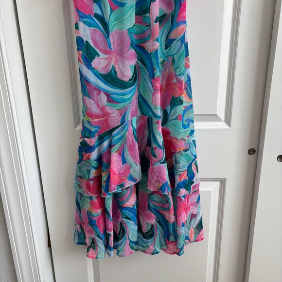 Show Me Your Mumu Reese Ruffle Midi Dress in Hibiscus Punch Crinkle Sz M - Picture 9 of 13